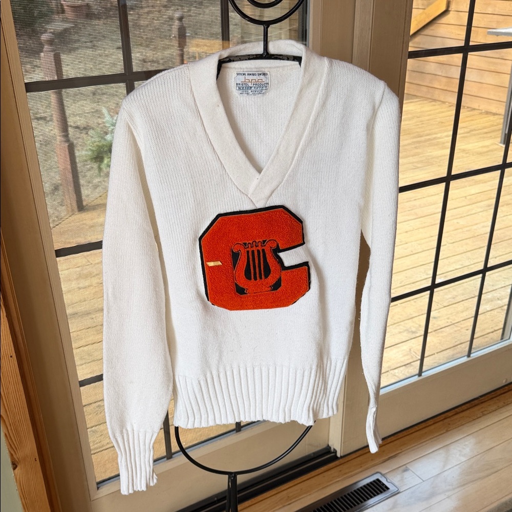 Vintage 1970’s White Letterman Band‎ Vneck Ribbed Sweater Orange ‘C’ (Clio, MI)